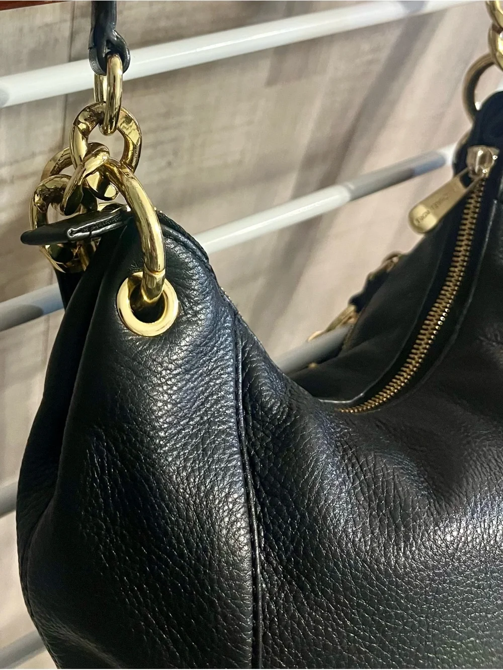 Michael Kors Black Pebbled Leather Hobo with Gold-Tone Tassel Charm